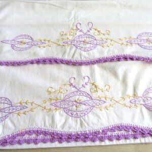 Vintage 70s Hand-Embroidered Standard Pillowcases 2 Lavender Crochet Trim Floral